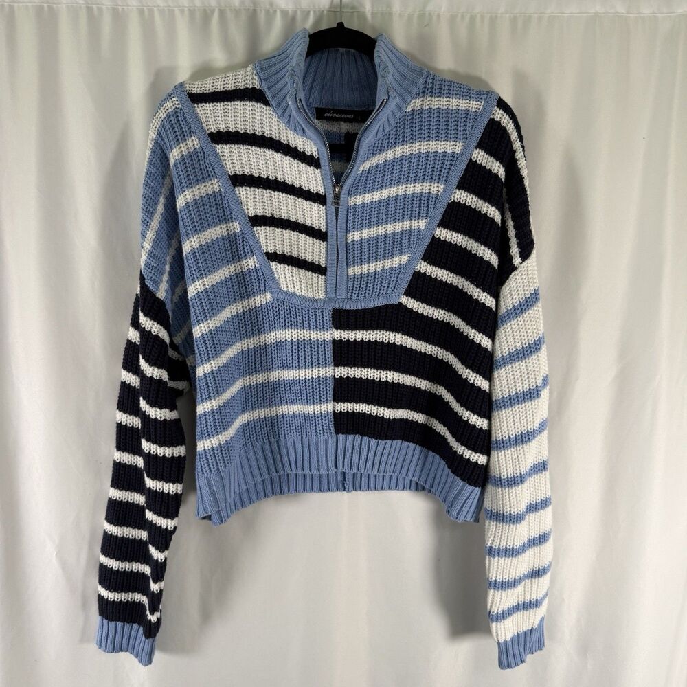 Olivaceous Sweater Women's Large Blue White Striped Knit 1/4 Zip Cropped